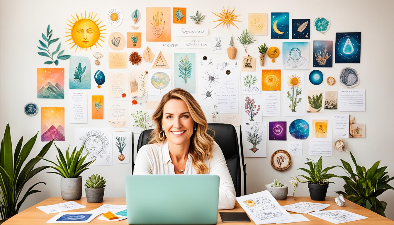 A blank canvas with a pencil drawing of a writer sitting at their desk, surrounded by symbols of manifestation, such as vision boards, affirmation cards, crystals, and plants. The writer is focused on their work and radiates a positive energy, attracting opportunities and success. The background is filled with a bright light that symbolizes the power of positive thinking and the universe's support towards achieving one's dreams.