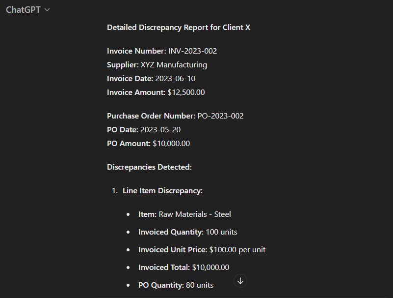 ChatGPT checking discrepancies between invoiced amounts and purchase orders