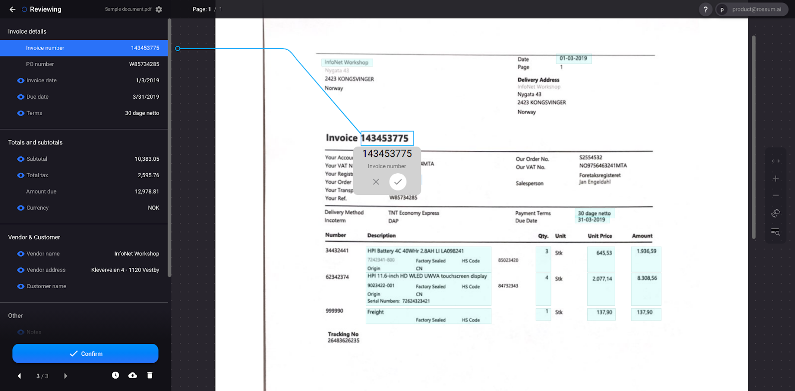 Rossum invoice data extraction