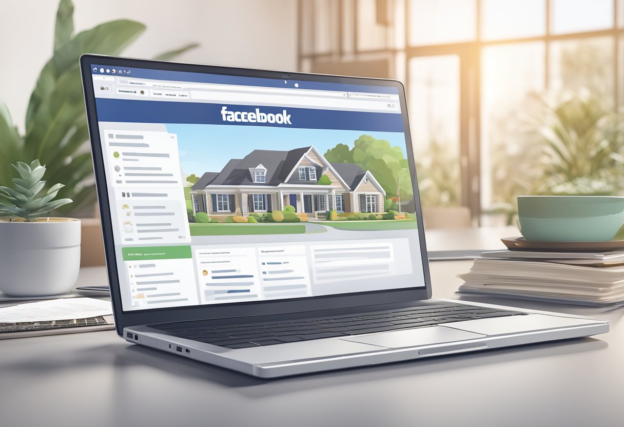 A laptop displaying a Facebook page with real estate marketing content, surrounded by a stack of real estate regulations and best practices documents