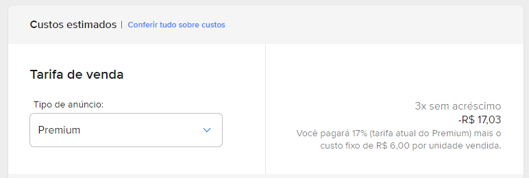 custos estimados na venda do mercado livre