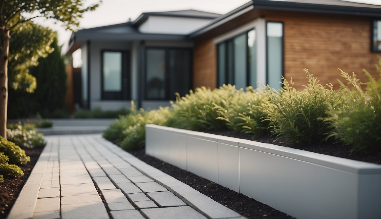 A modern, minimalist home with PVC skirting, clean lines, and low-maintenance landscaping