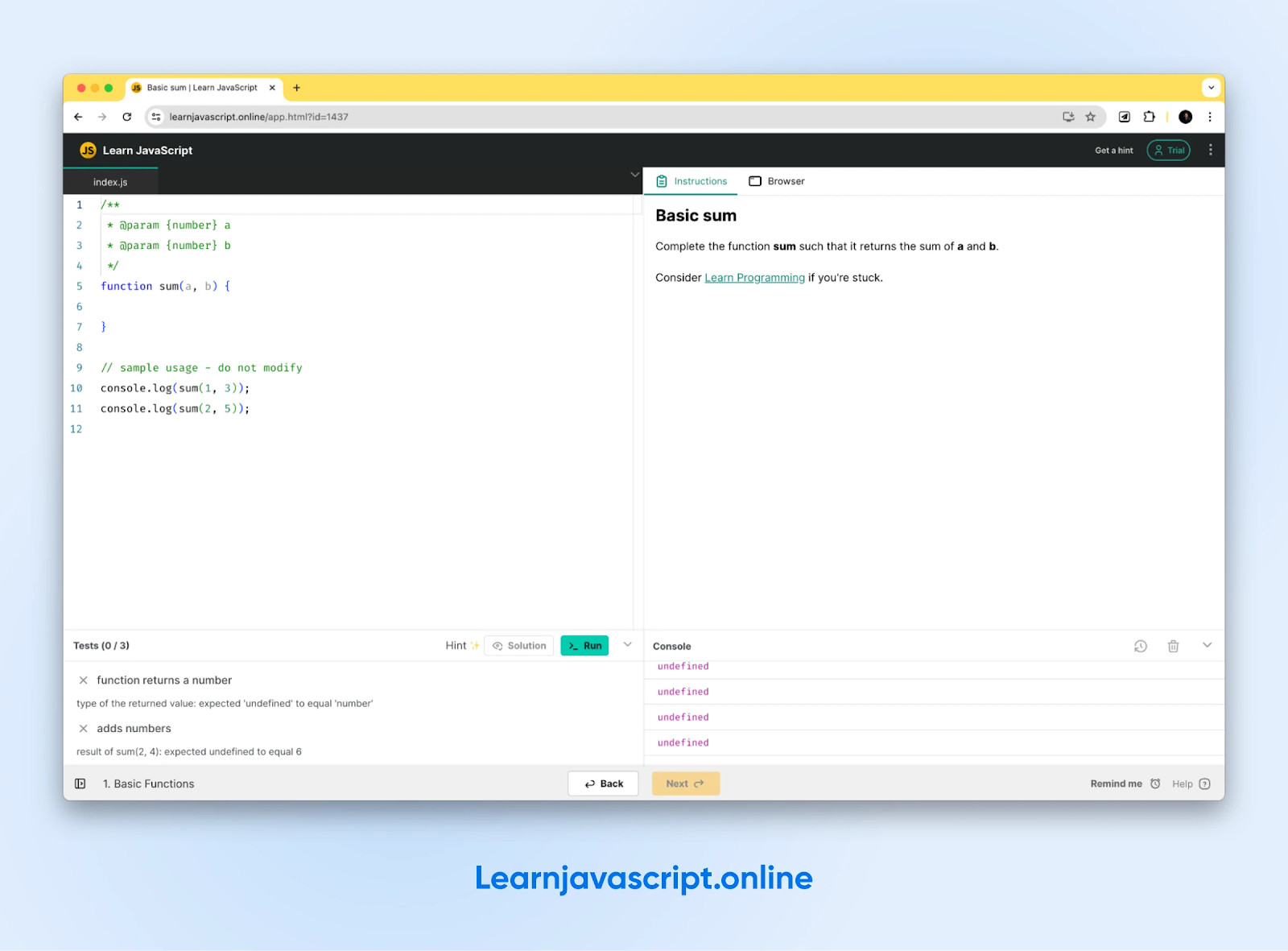 El espacio de trabajo de Learnjavascript.online se abrió en "Suma básica" con el código a la derecha y las instrucciones para comenzar a la izquierda.