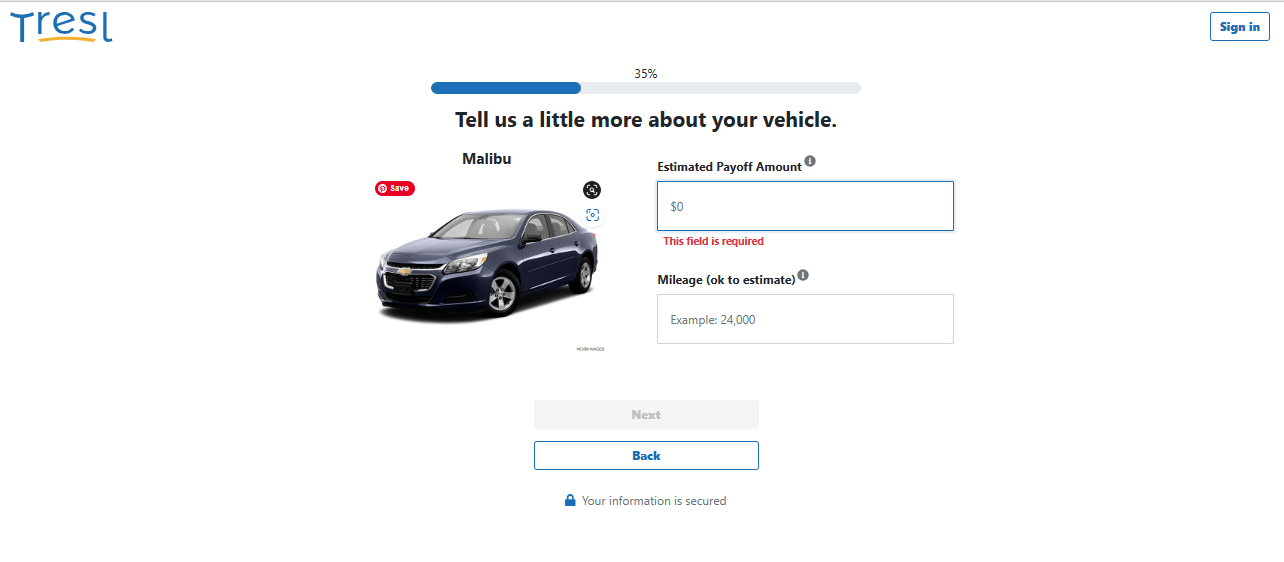 A screenshot of a computer screen showing Tresl's refinancing signup for mileage entry