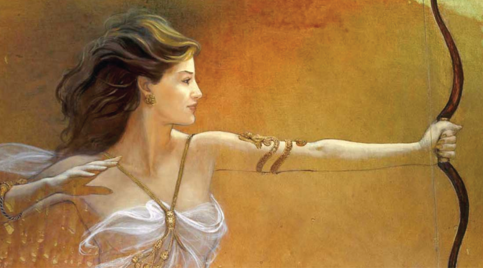 It is apparent in the illustration that Artemis has just aimed with her bow and arrow. The wind is causing her hair to sweep back while she is adorned in a white dress with intricate gold embellishments and jewelry.