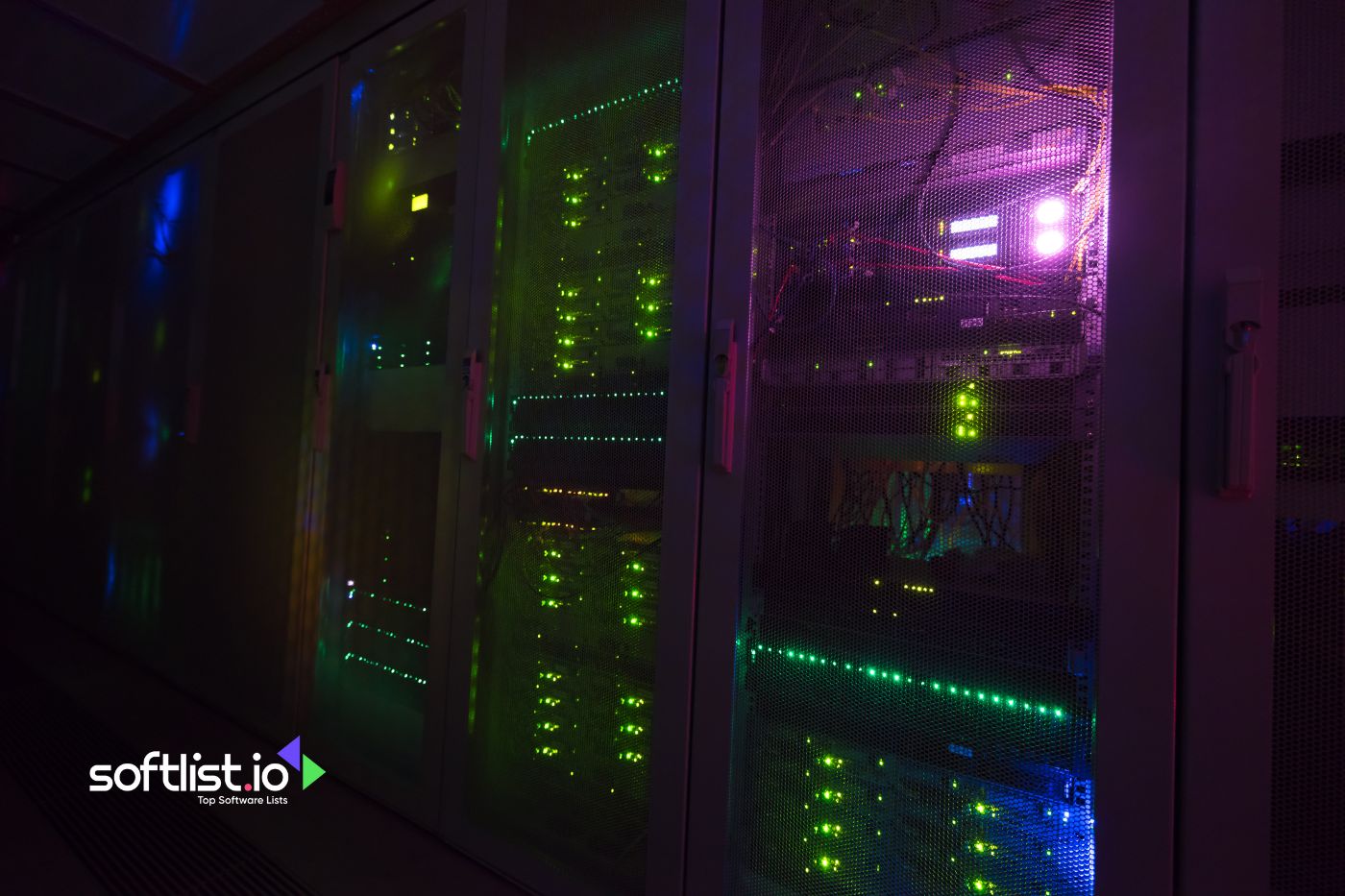 Servers with colorful LED lights in a dark data center