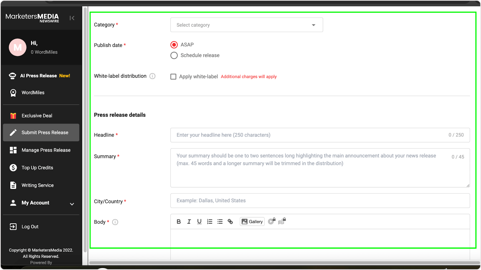 Screenshot of MarketersMEDIA Newswire detailed press release submission form.