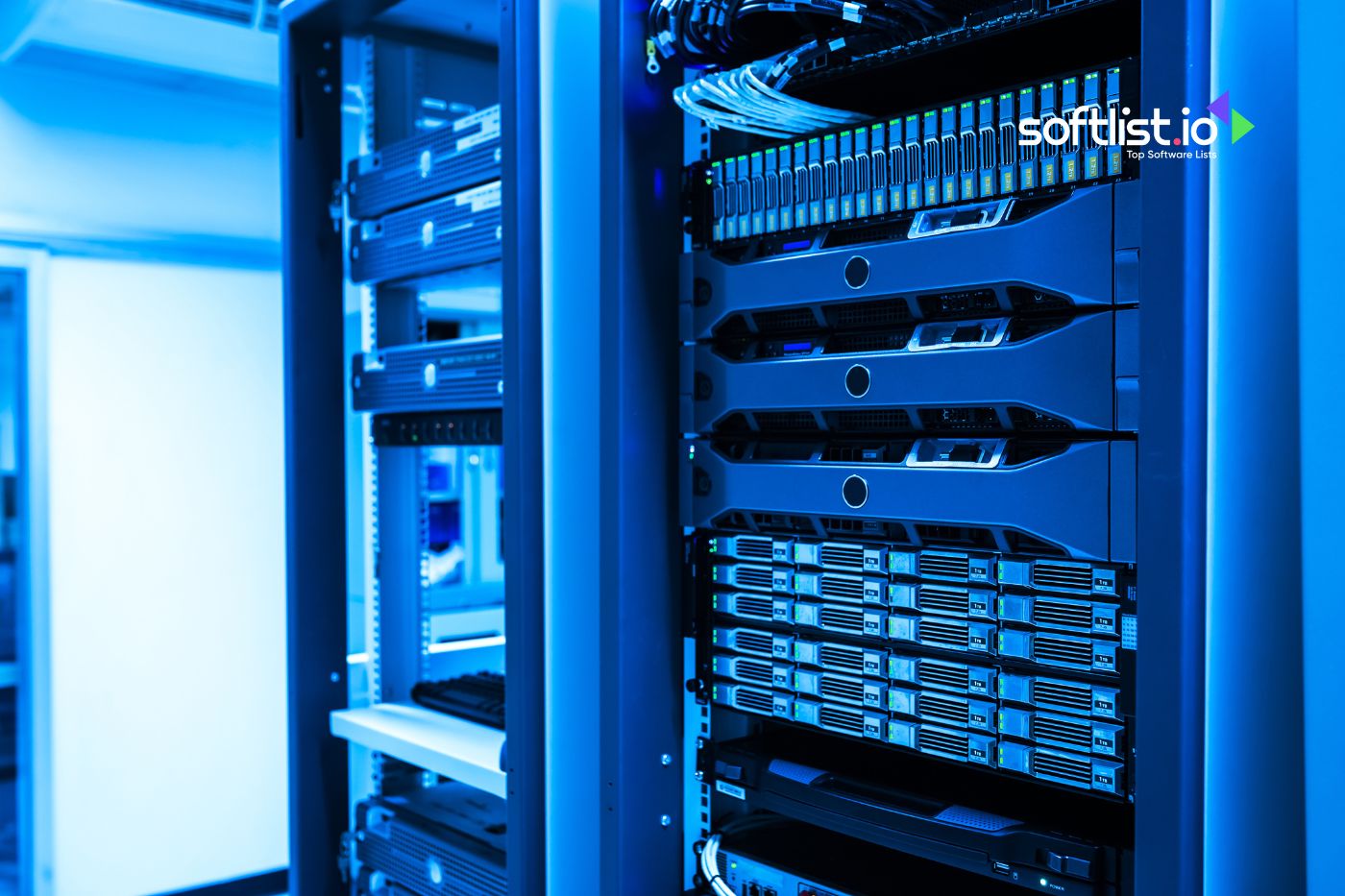 Blue-lit server racks with advanced network equipment in a data center