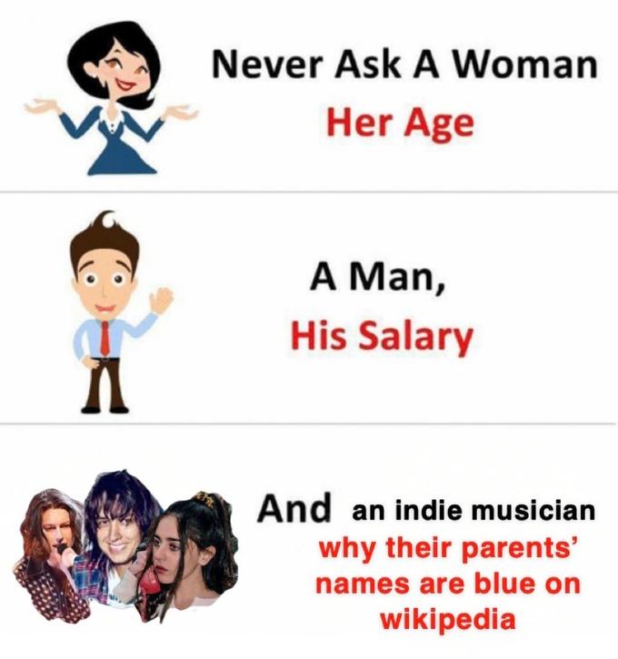 A meme that says “Never ask a woman her age, a man his salary, and an indie musician why their parents’ names are blue on wikipedia”