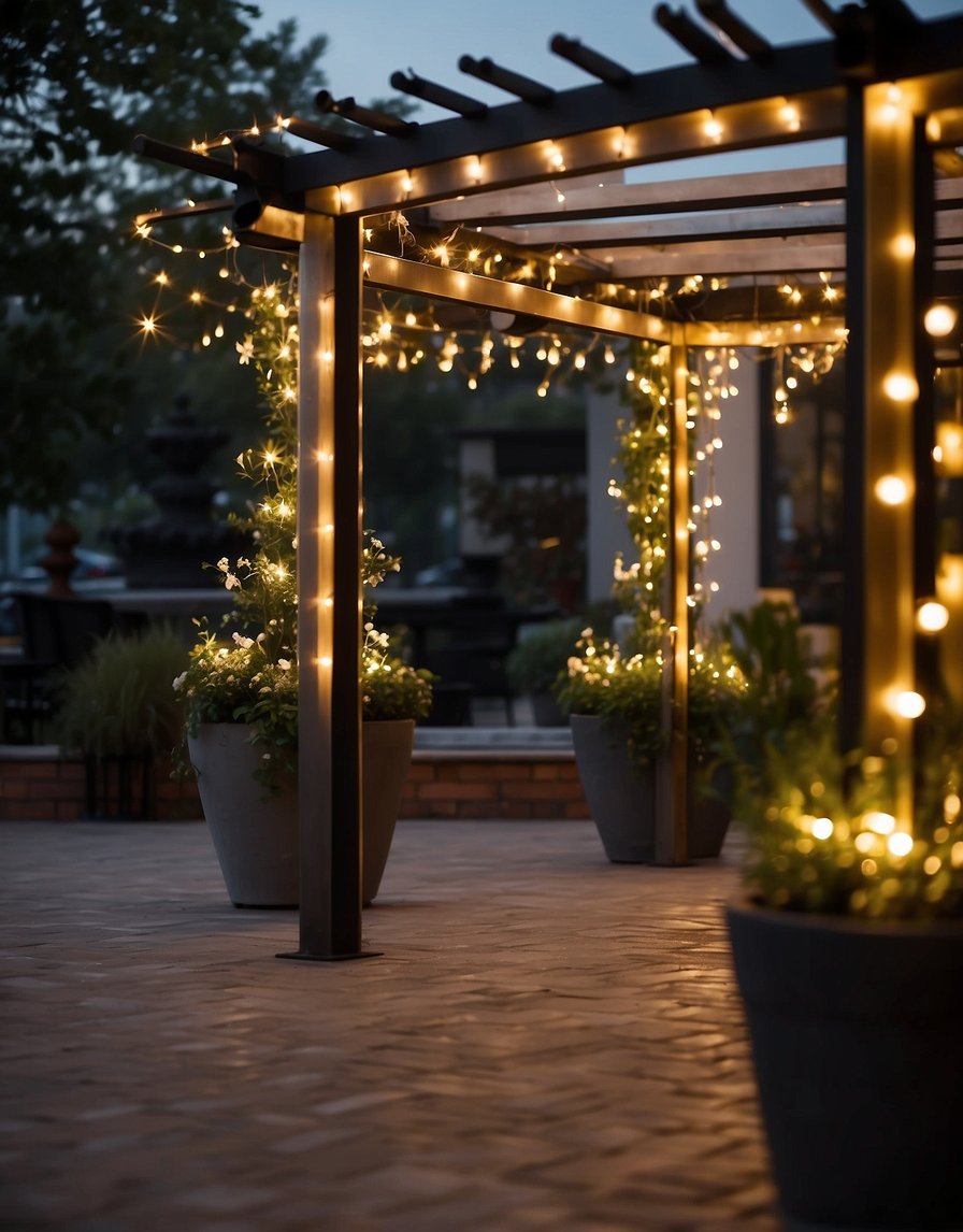 A sleek metal pergola stands adorned with string lights, casting a warm glow in the evening