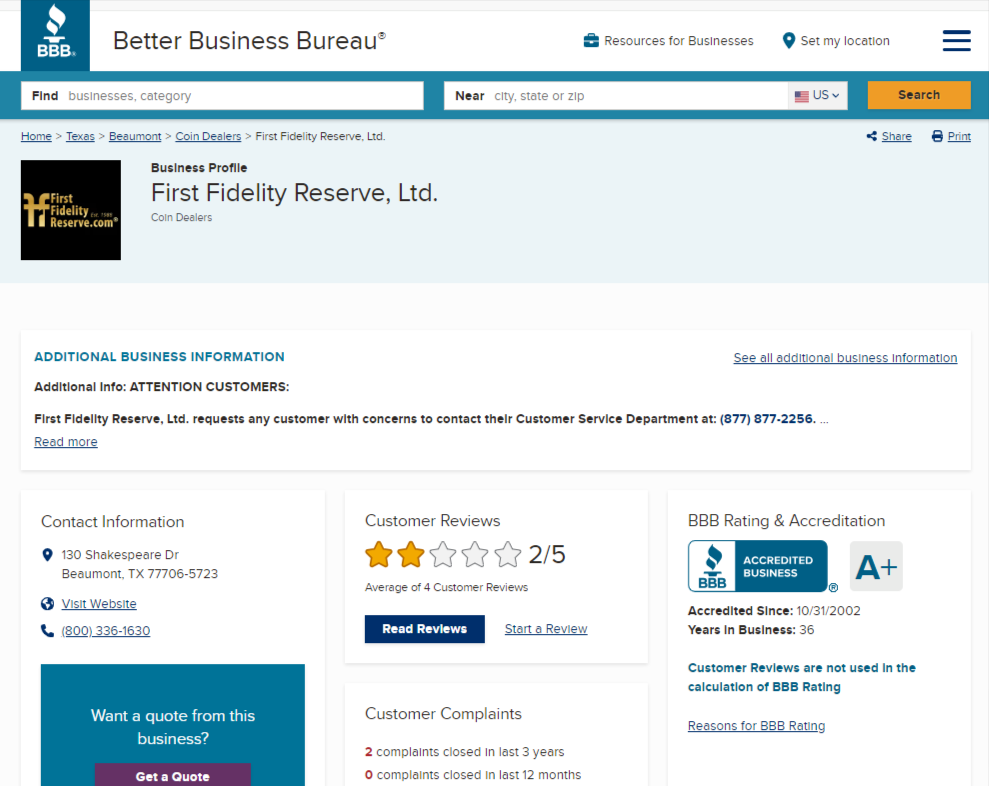 First Fidelity Reserve lawsuit and BBB