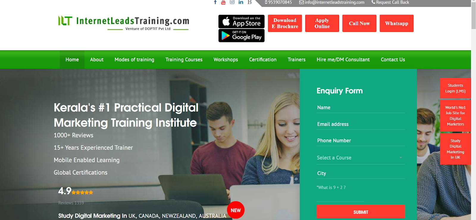 homepage of internet leads training institute