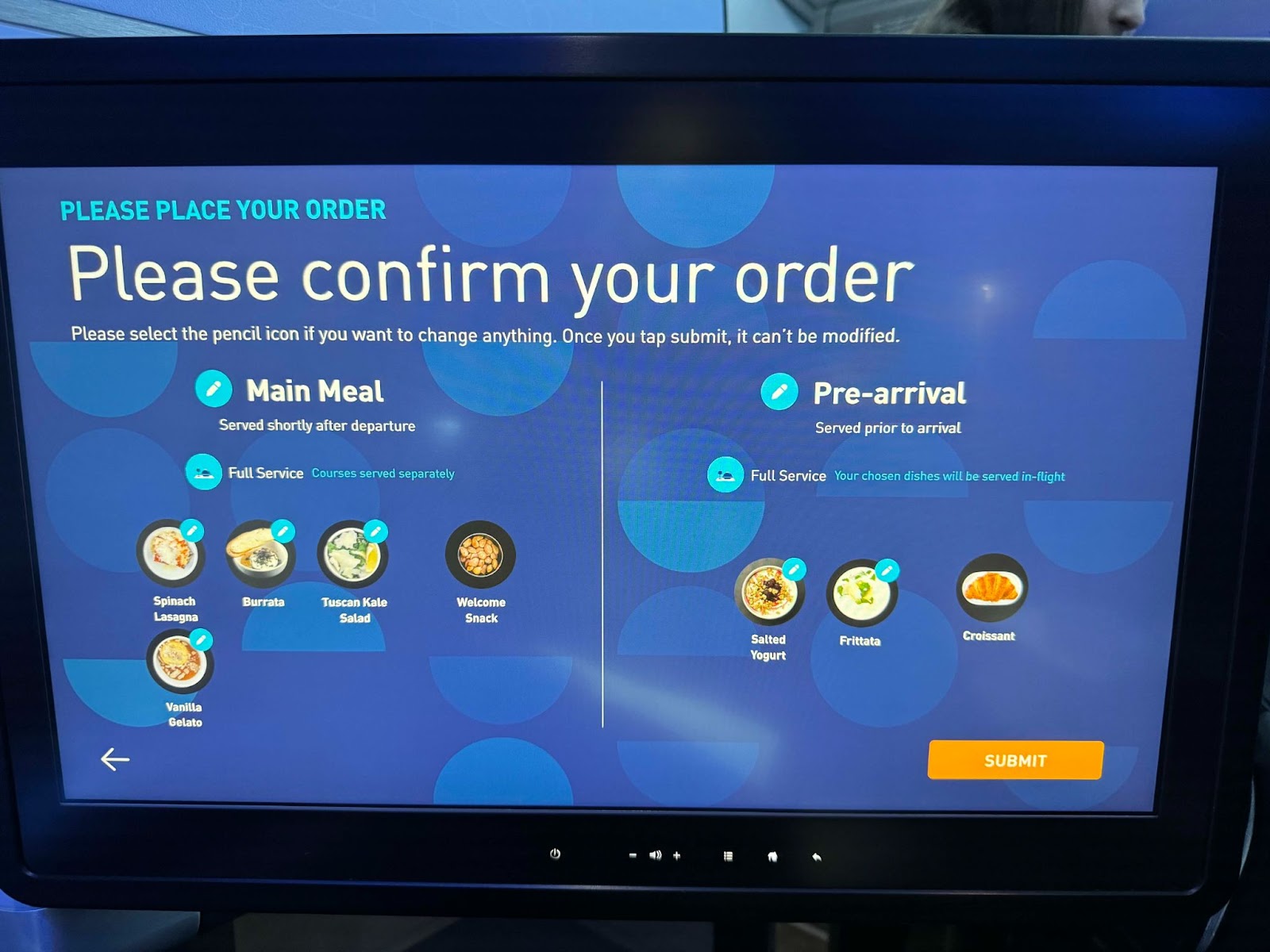 Meal ordering screen on JetBlue Mint Studio