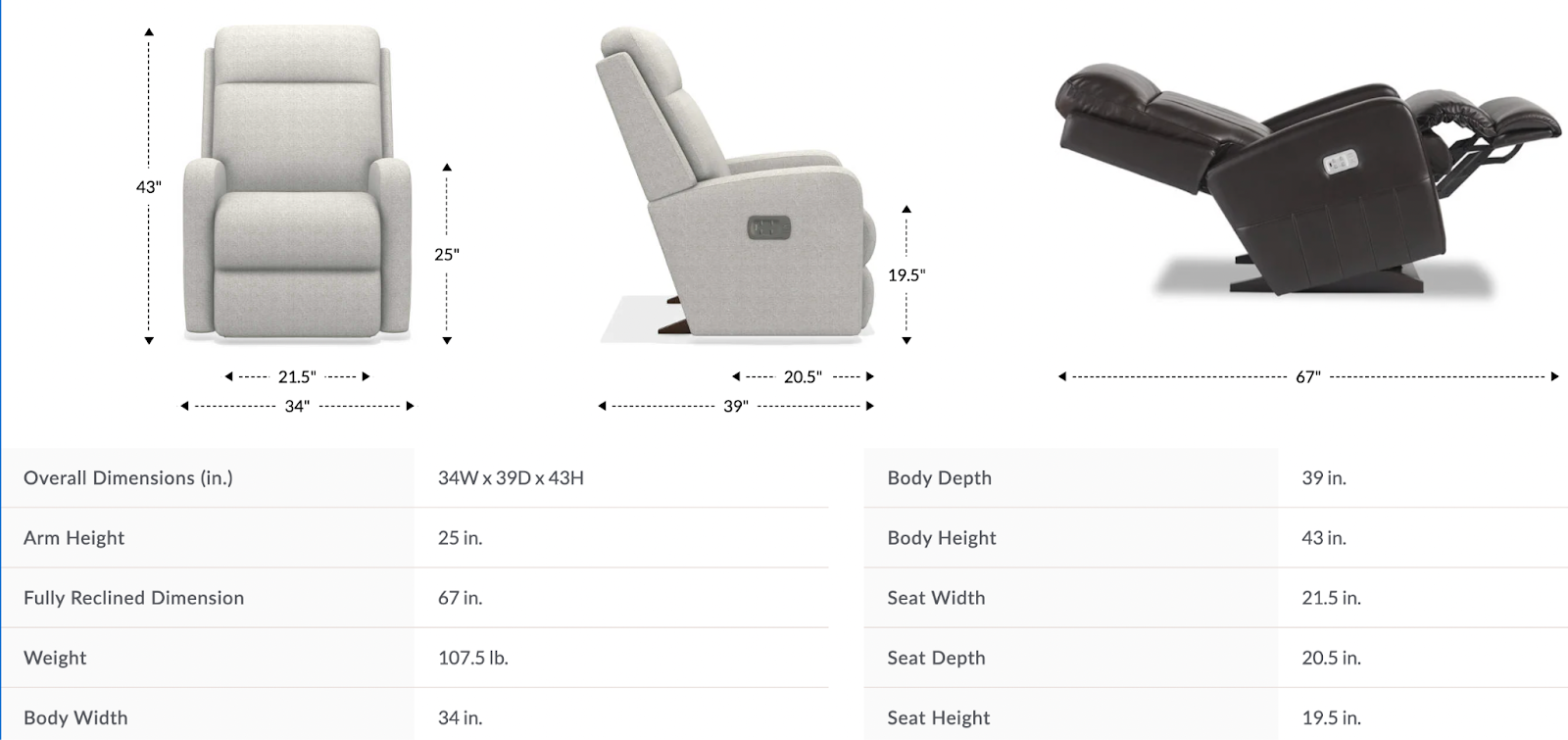 finley power rocking recliner w/ headrest and lumbar dimensions