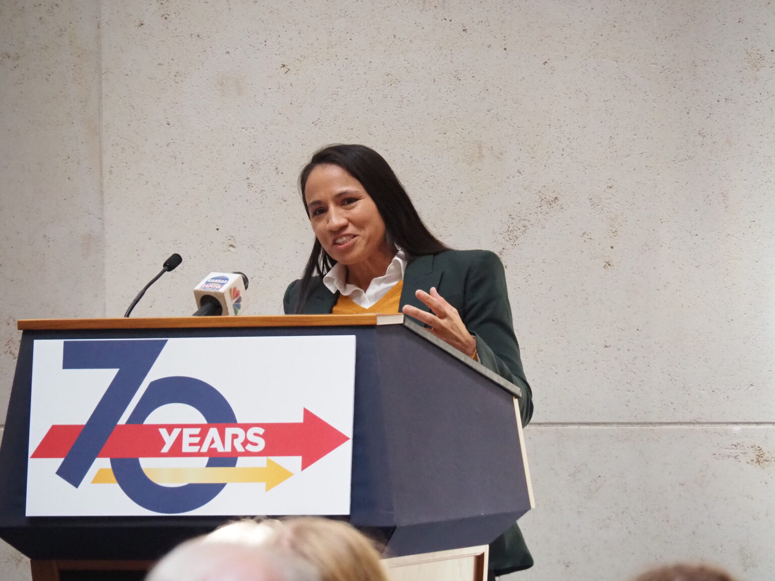 U.S. Rep. Sharice Davids, a 3rd District Democrat, hailed actions 70 years ago to create the U.S. Small Business Administration. She said the federal government needs to further expand broadband access to help companies grow and prosper. (Tim Carpenter/Kansas Reflector)