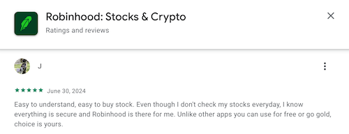 A 5-star review from a Robinhood user who finds the app easy to understand and use and trusts its security.