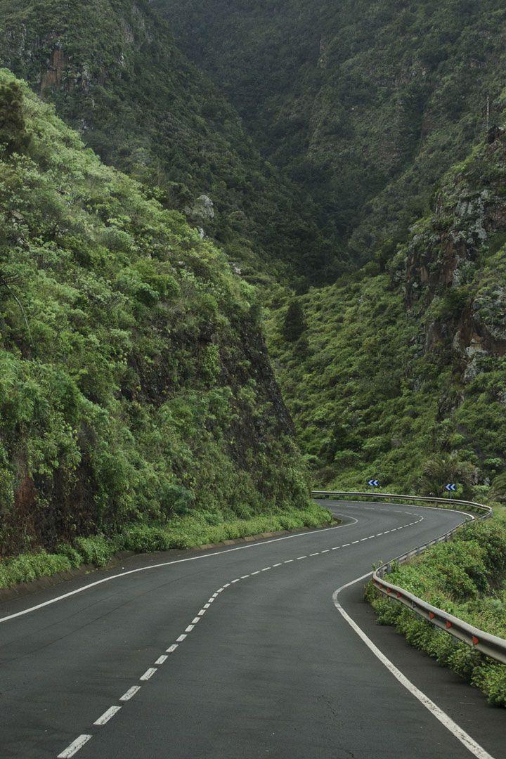 Winding gray asphalt road, two lanes in each direction. Mountains covered with leafy shrubs on either side. 