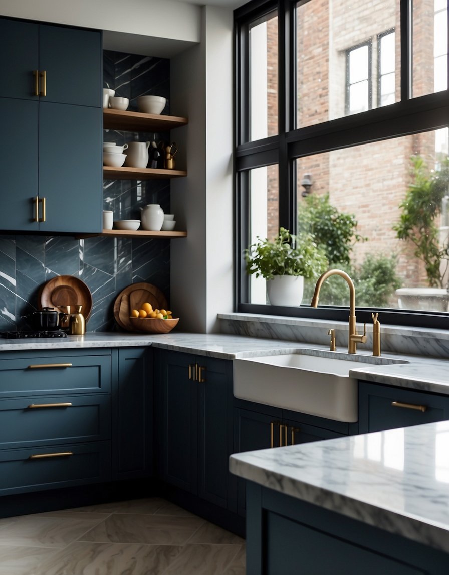 A modern kitchen with denim blue cabinets, sleek hardware, and marble countertops. Light streams in through a large window, casting a warm glow over the space