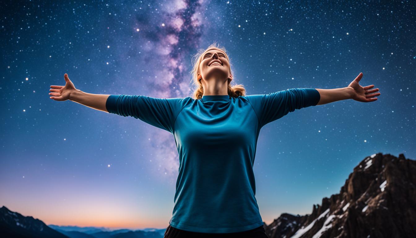 An image that showcases a person standing on top of a mountain with their arms outstretched, looking up towards the sky. The sky is filled with stars and planets, symbolizing the vast possibilities of love. The person's body language exudes confidence and determination, with a look of hope and excitement on their face. A faint image of a heart can be seen in the background, reminding them to focus on their desire for love.