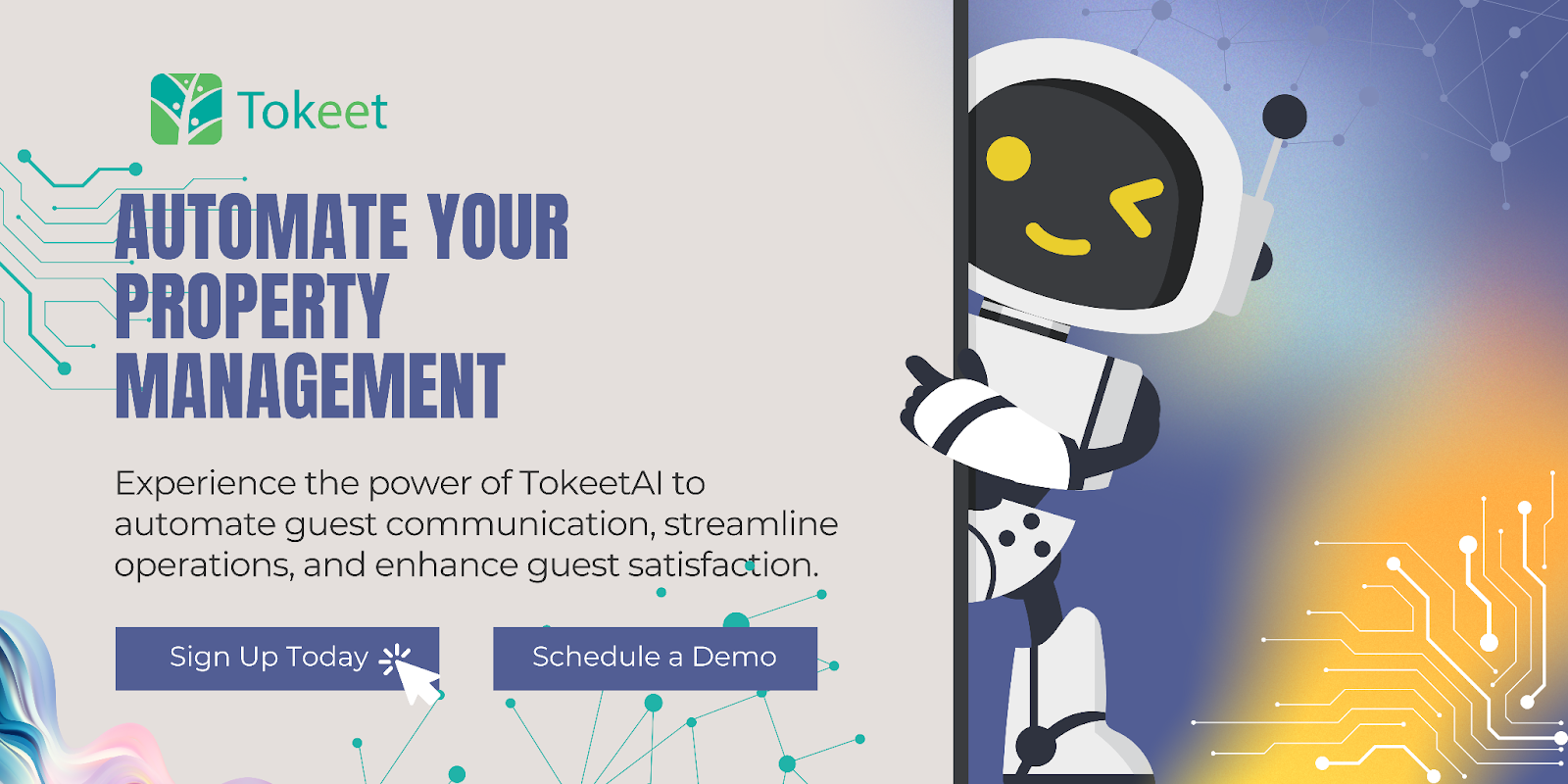 Promotional image for TokeetAI featuring a robot and the text: 'Automate Your Property Management. Experience the power of TokeetAI to automate guest communication, streamline operations, and enhance guest satisfaction.'