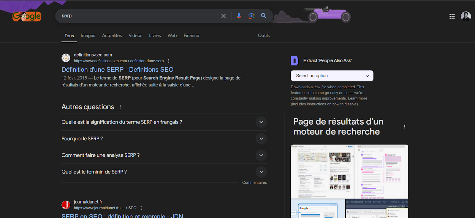 vue de la serp de google dans la premiere page des resultats