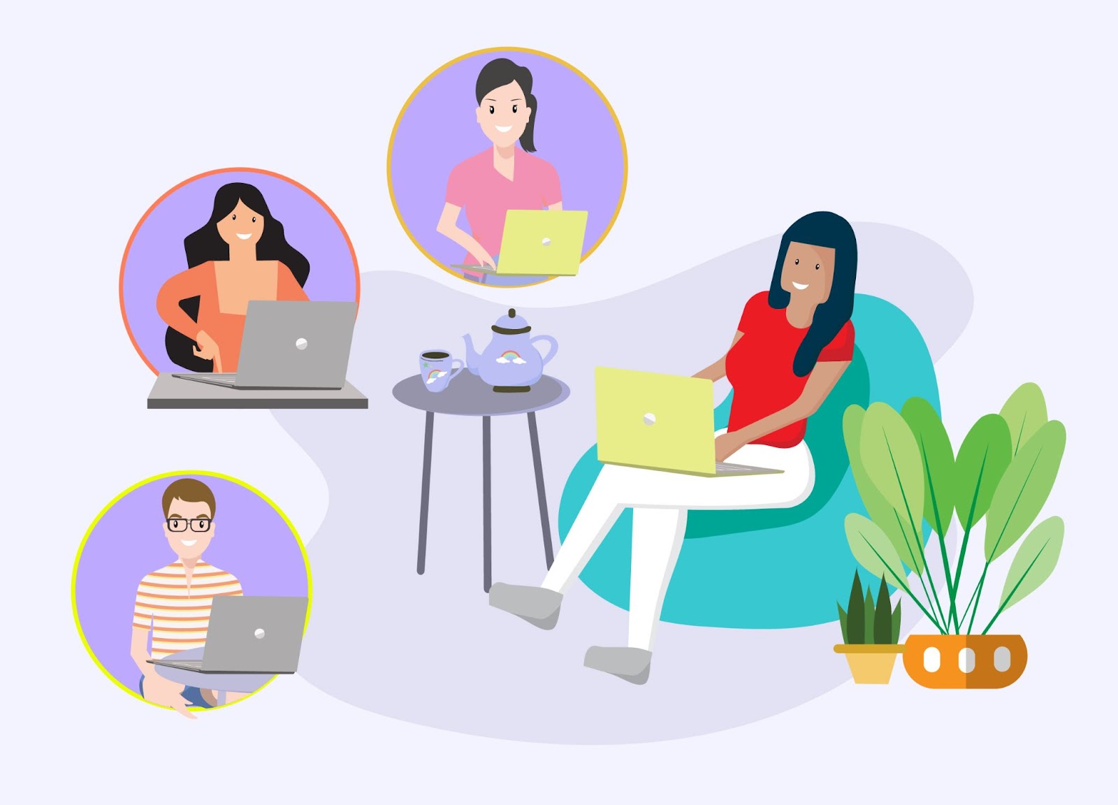 Illustration showing the importance of virtual team building with four people working on laptops: three in circular frames and one sitting in a chair beside a table with tea and plants