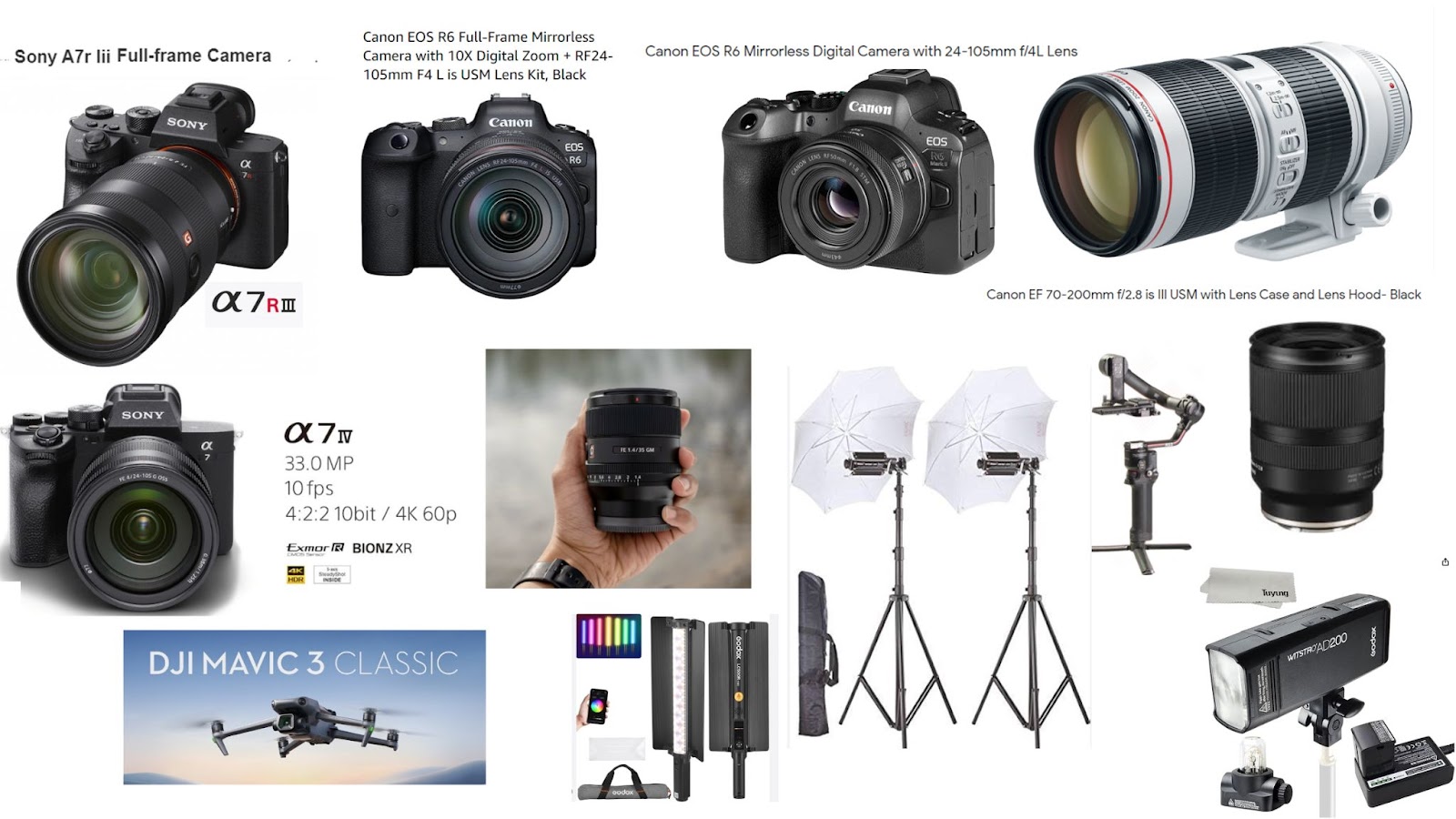 Photography equipment picture - This image showcases a professional array of photography equipment including a Sony full-frame mirrorless camera, a Canon full-frame mirrorless camera, lenses (24-105mm, 70-200mm, 50mm, 35mm), a portable light, studio light, Godox AD200Pro TTL pocket flash, DJI RS gimbal stabilizer, and LC light. These tools, used by the best wedding photographer in Indore, highlight their commitment to capturing high-quality and creative wedding photos. Perfect for those hiring a wedding photographer in Indore, this setup ensures top-tier wedding photography services and stunning results in every shot.