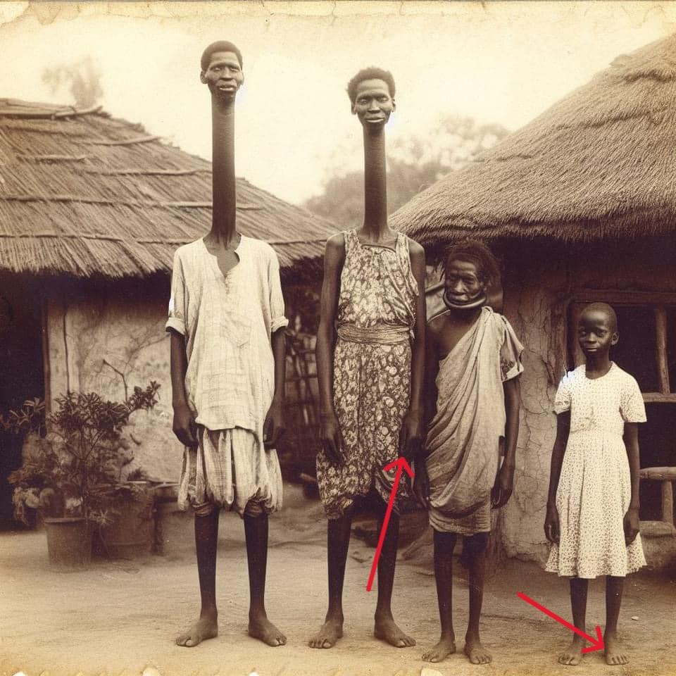 A group of people with long necked heads

Description automatically generated