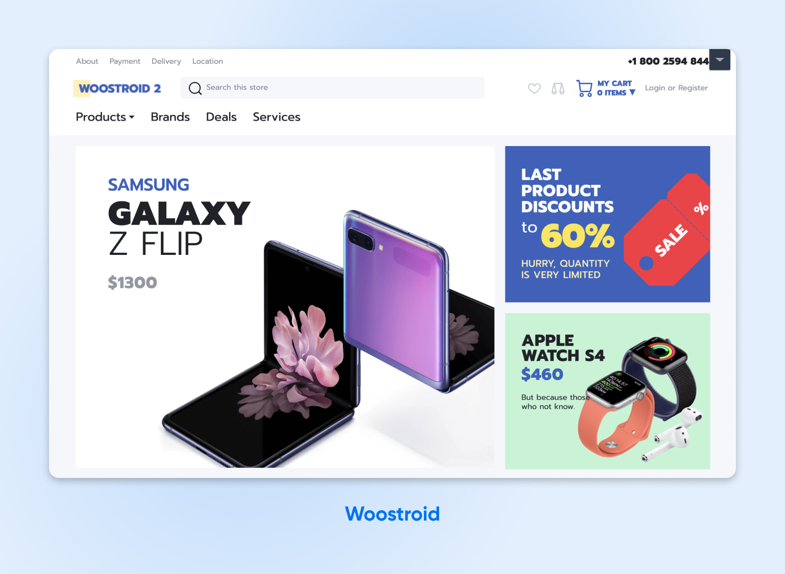 Tema Woostroid 2 WooCommerce con ofertas de productos para Samsung Galaxy Z Flip y Apple Watch, y una barra de búsqueda para navegación