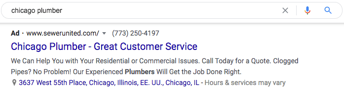 Location extension being used in a Google PPC ad by Sewer United.