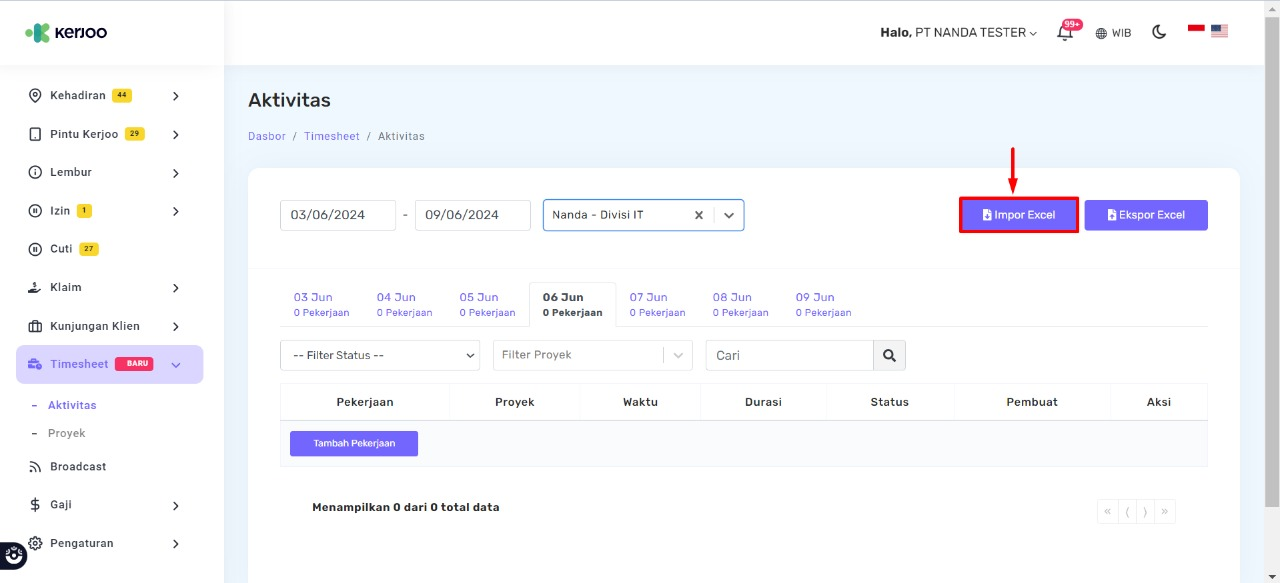 Tampilan Fitur Timesheet Impor Excel