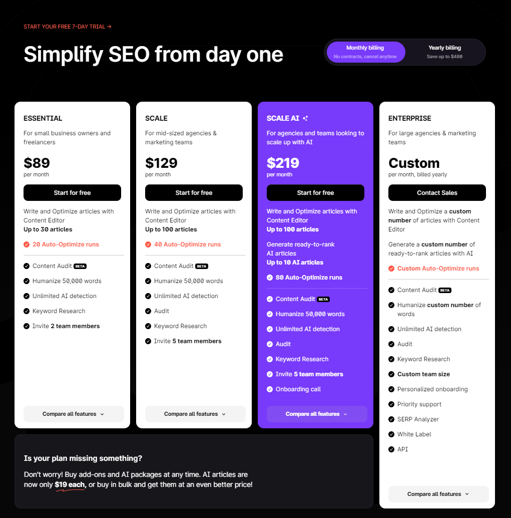 Screenshot of Surfer SEO Pricing