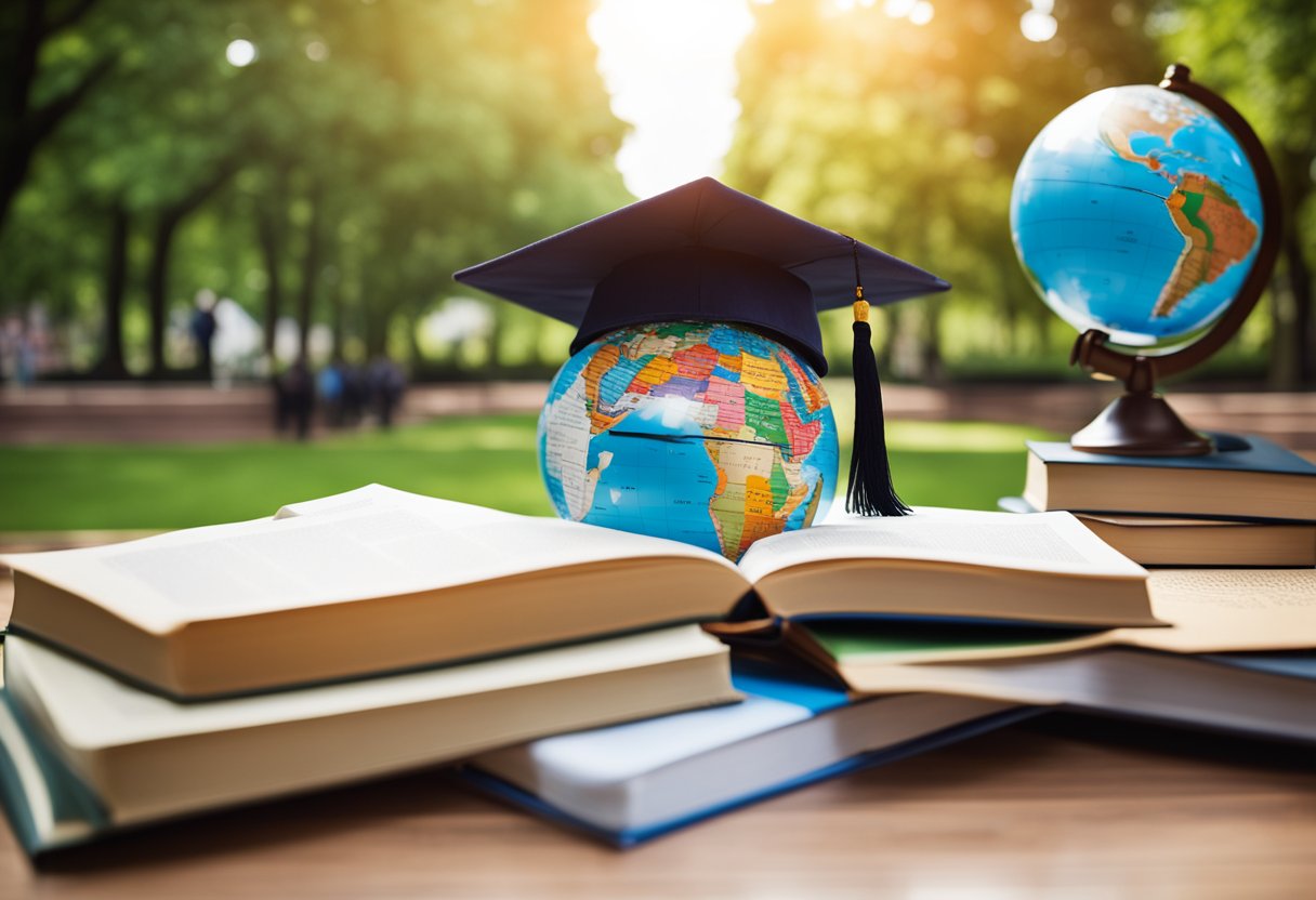 A globe surrounded by open books, graduation caps, and scholarship application forms, with a pathway leading to a university campus