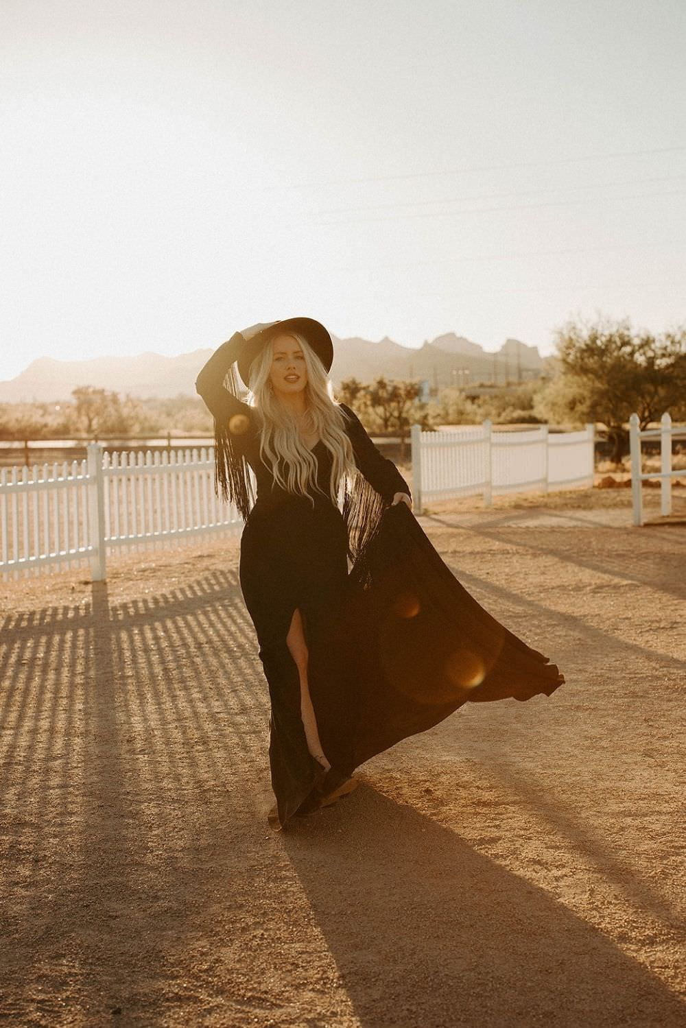 alternative, boho, black wedding dress with fringe perfect for a hiking elopement