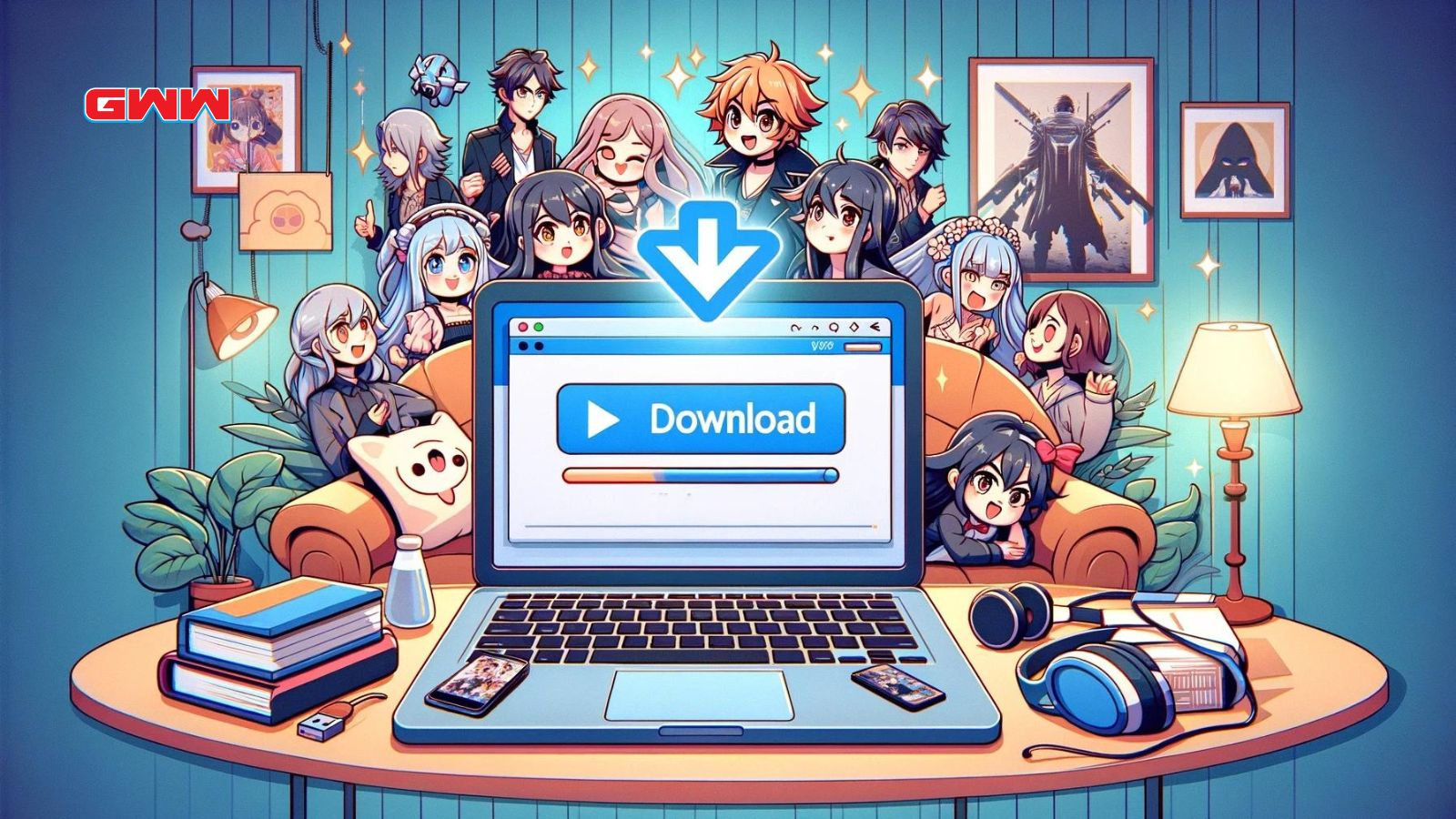 A lively and engaging widescreen image illustrating the process of downloading anime episodes for offline viewing.