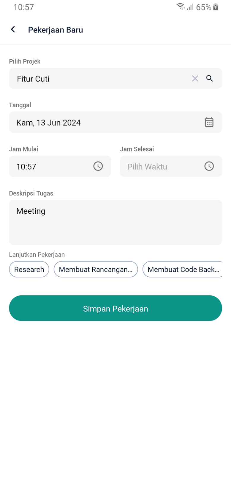 Tampilan Fitur Timesheet pada Dashboard Karyawan