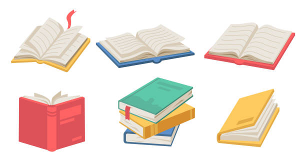 Textbooks with bookmarks and pages, isolated icons of stack of open books. Literature for leisure and magazines for educational purposes. Catalogs and journals, diary for writing vector in flat Textbooks with bookmarks and pages, isolated icons of stack of open books. Literature for leisure and magazines for educational purposes. Catalogs and journals, diary for writing vector in flat book stock illustrations