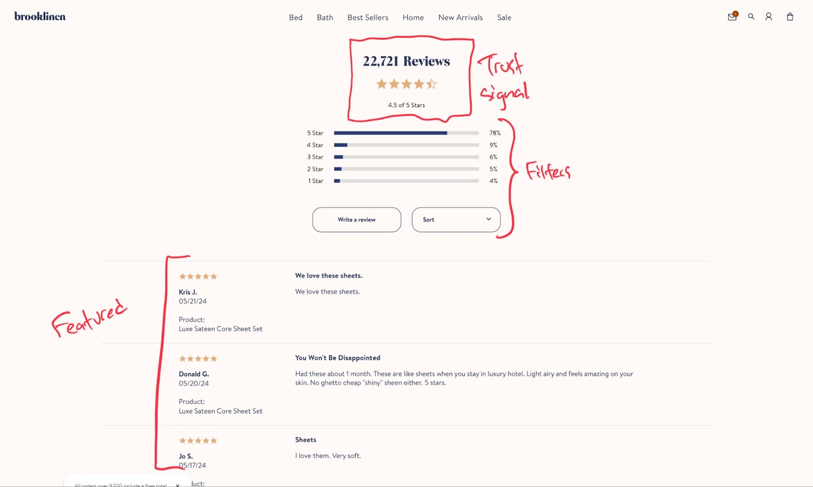 Brooklinen ecommerce review page screenshot