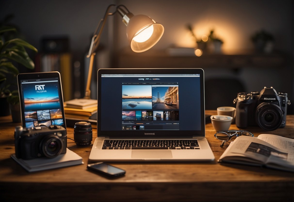 A person sitting at a desk with a camera lights and a laptop surrounded by notebooks and pens with a vlogging guide book open