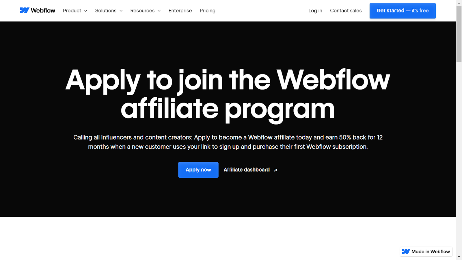 Screenshot from Webflow affiliate program landing page.