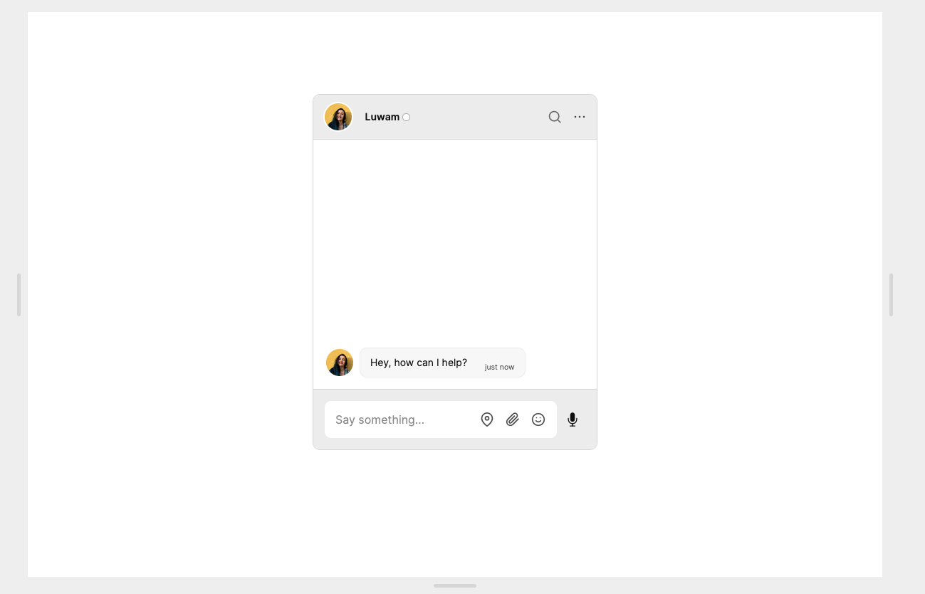A Framer page with at the center a TalkJS chat. The chat contains a single message from Luwam which states ‘Hey, how can I help?’.