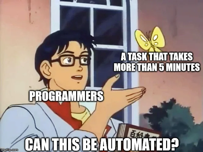 This meme features a  guy (a programmer) looking at a butterfly (representing a task that takes more than 5 minutes), thinking, "Can this be automated?"