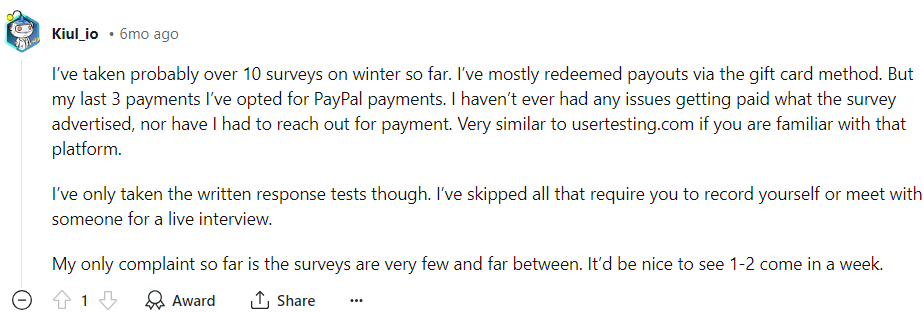 A Reddit user who has been getting paid for taking surveys on Wynter.com and wishes they had more opportunities to participate. 