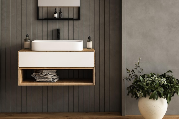 modern grey wall, sink and vase bathroom -bathroom wall cabinet