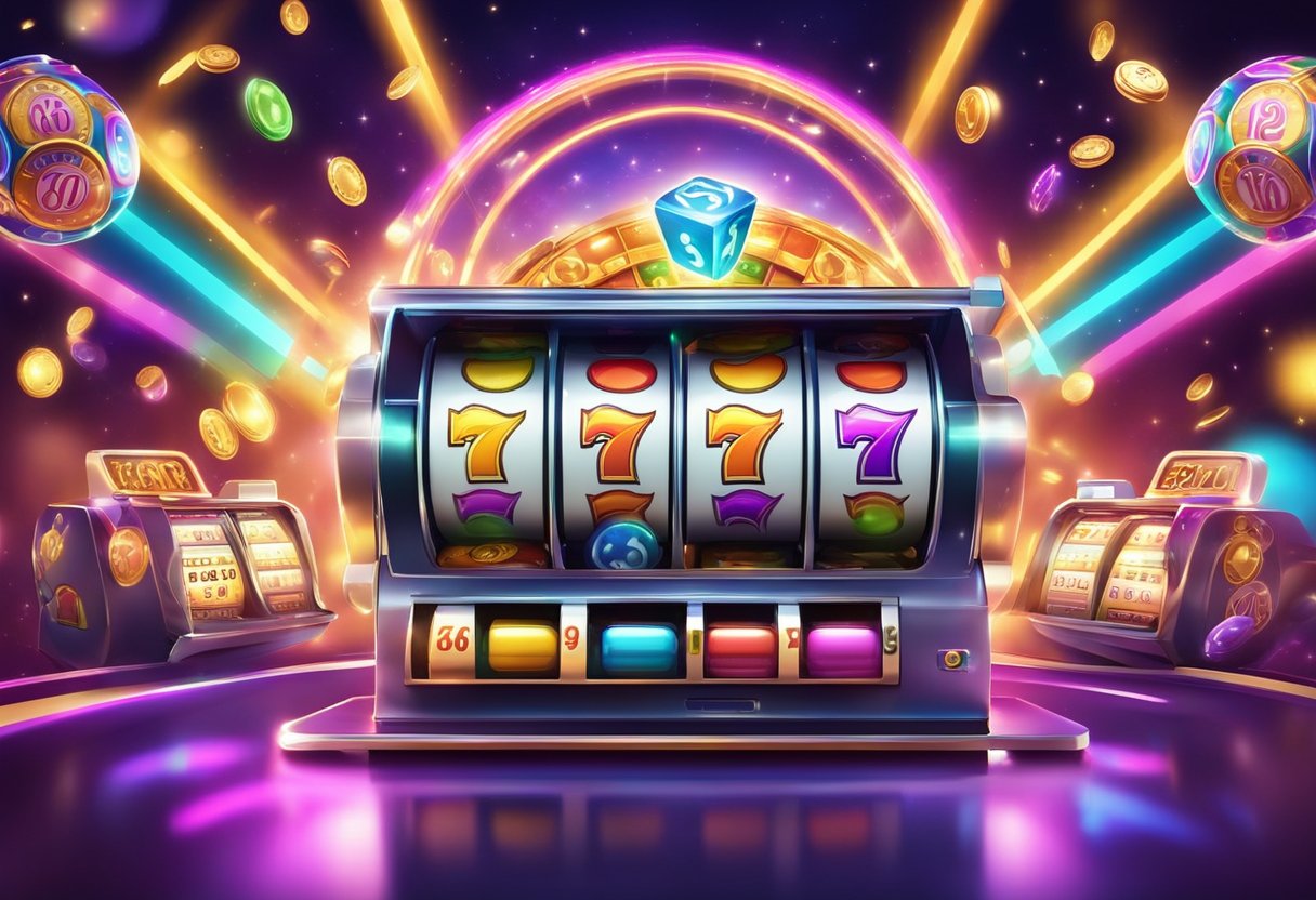 A colorful online casino and lottery world with spinning slot machines and jackpot symbols, surrounded by bright lights and vibrant graphics