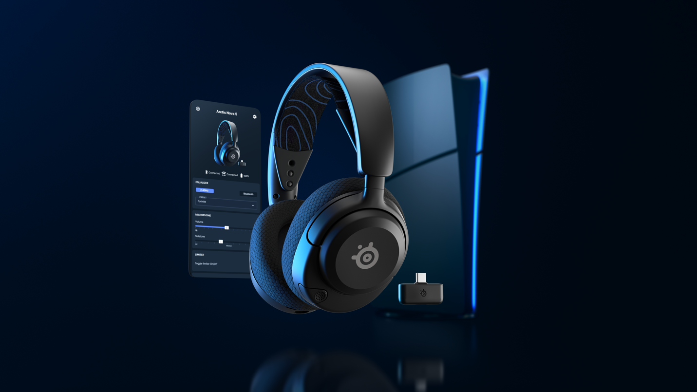 A black headphones and a blue computer

Description automatically generated