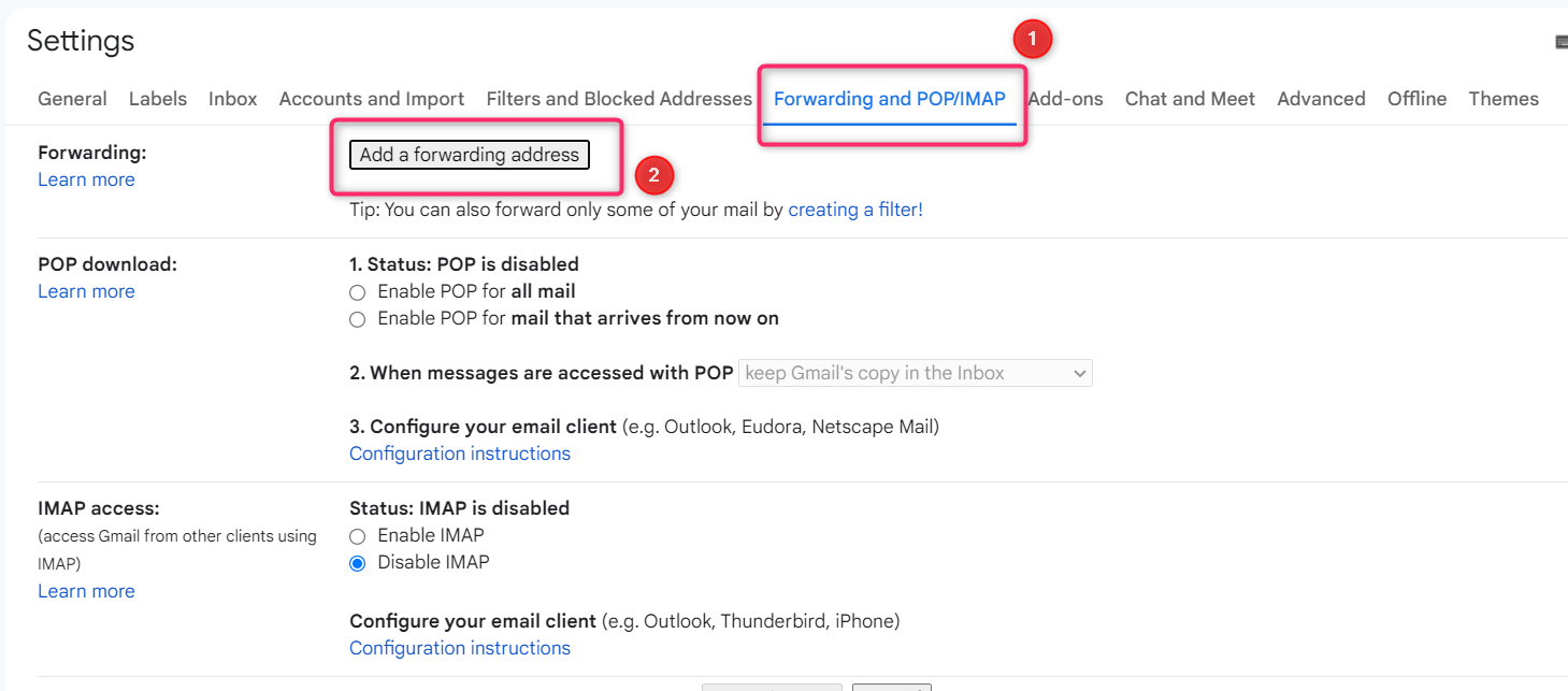 Gmail interface showing the Forwarding and POP/IMAP option