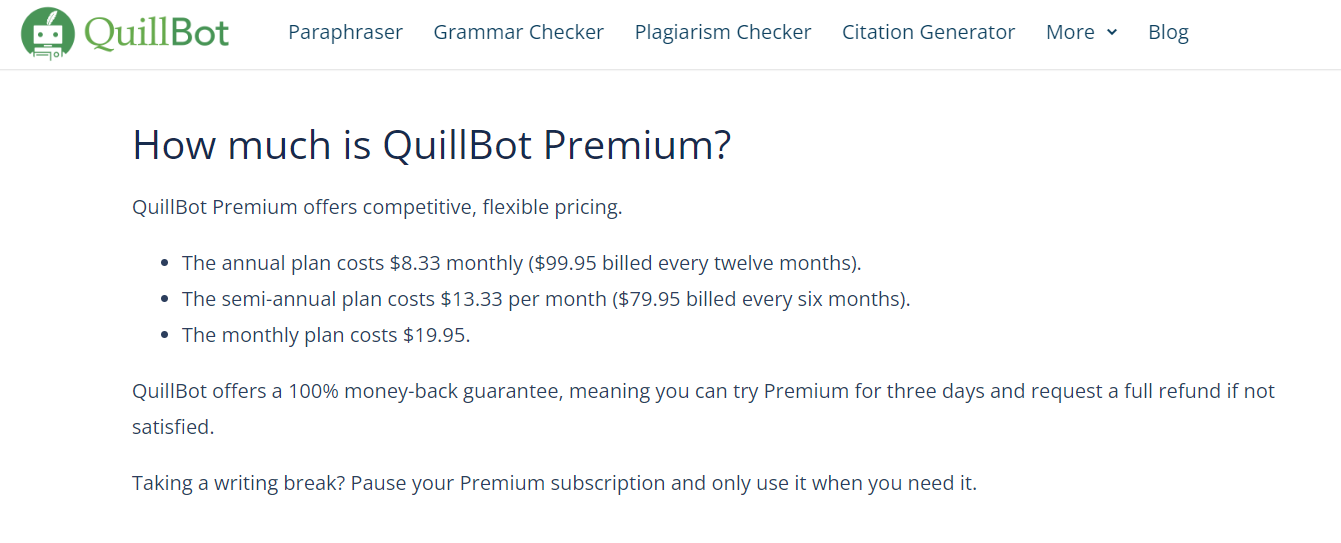 QuillBot Plans and Pricing 