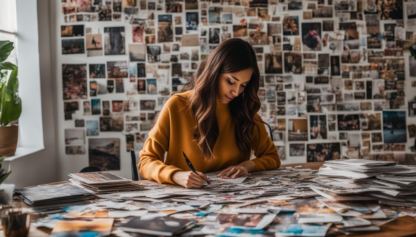 A woman sitting at a table covered in magazines and scissors, carefully cutting out images and words that represent her goals and dreams. She arranges them on a blank board in front of her, visualizing her future and imagining herself achieving each goal. In the background, a window lets in natural light, symbolizing the power of positive energy and manifestation. The woman is surrounded by plants and greenery, representing growth and abundance.