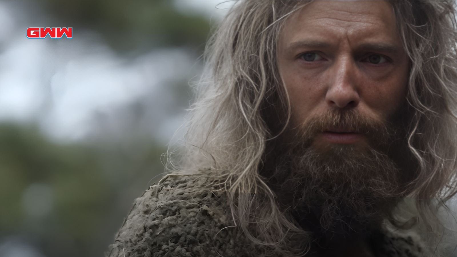 Stranger with long hair and beard looks intensely forward.